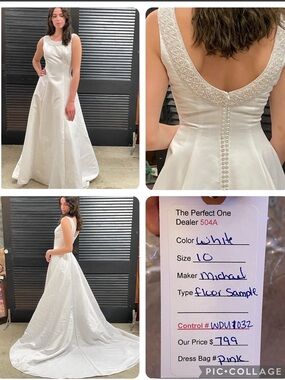 Michael Angelo White Sleeveless A-Line Bridal Gown with Beaded Scoop Back